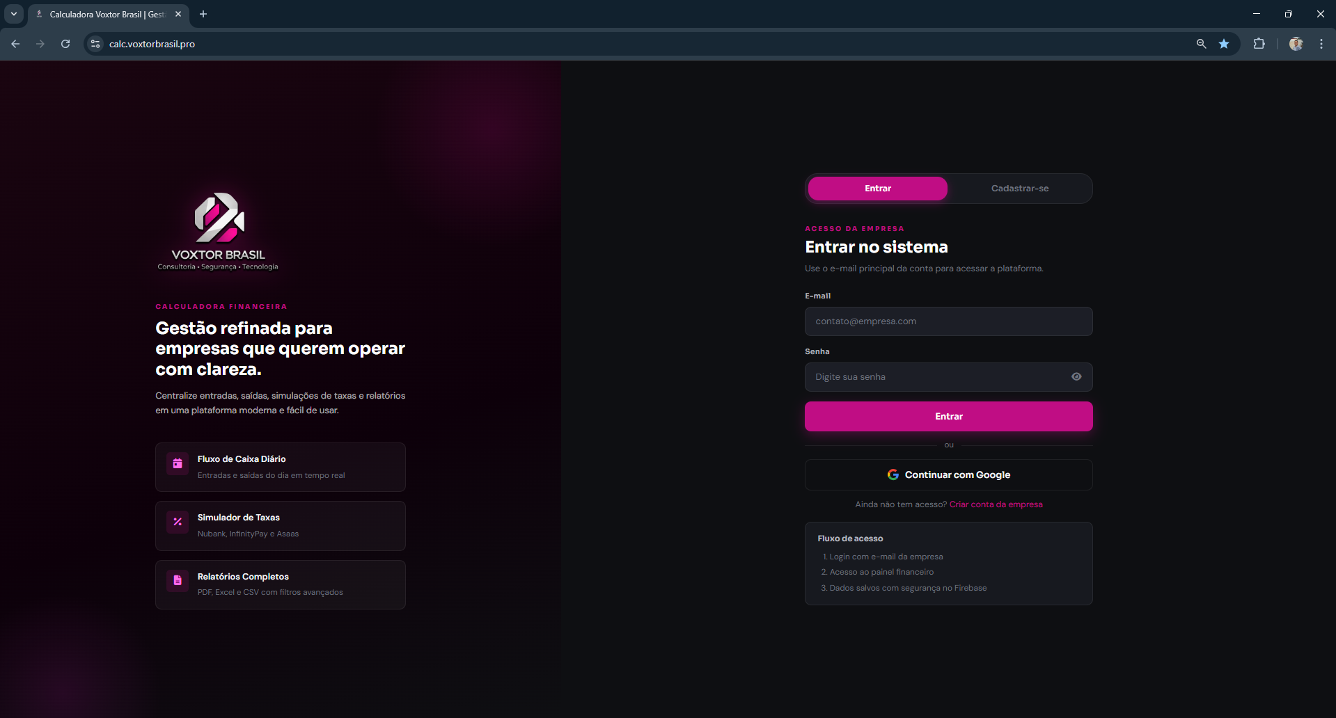 Tela de login da Calculadora Financeira